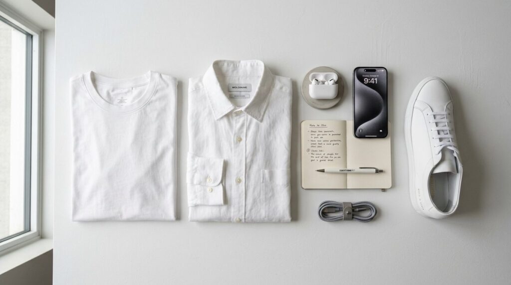 Flat lay photography of white wardrobe essentials arranged w