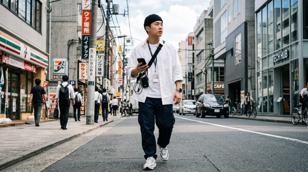 Urban street style photography of a tech-savvy individual we